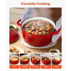 VEVOR Enameled Cast Iron Dutch Oven, 6 Quart Pot with Lid and Dual Handles, Heavy-Duty Durable Cookware Pan, Oven Induction Compatible up to 500℉, for Braising, Stews, Roasting, Bread Baking, Red