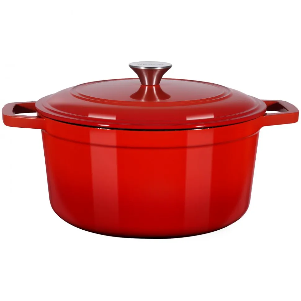 VEVOR Enameled Cast Iron Dutch Oven, 6 Quart Pot with Lid and Dual Handles, Heavy-Duty Durable Cookware Pan, Oven Induction Compatible up to 500℉, for Braising, Stews, Roasting, Bread Baking, Red