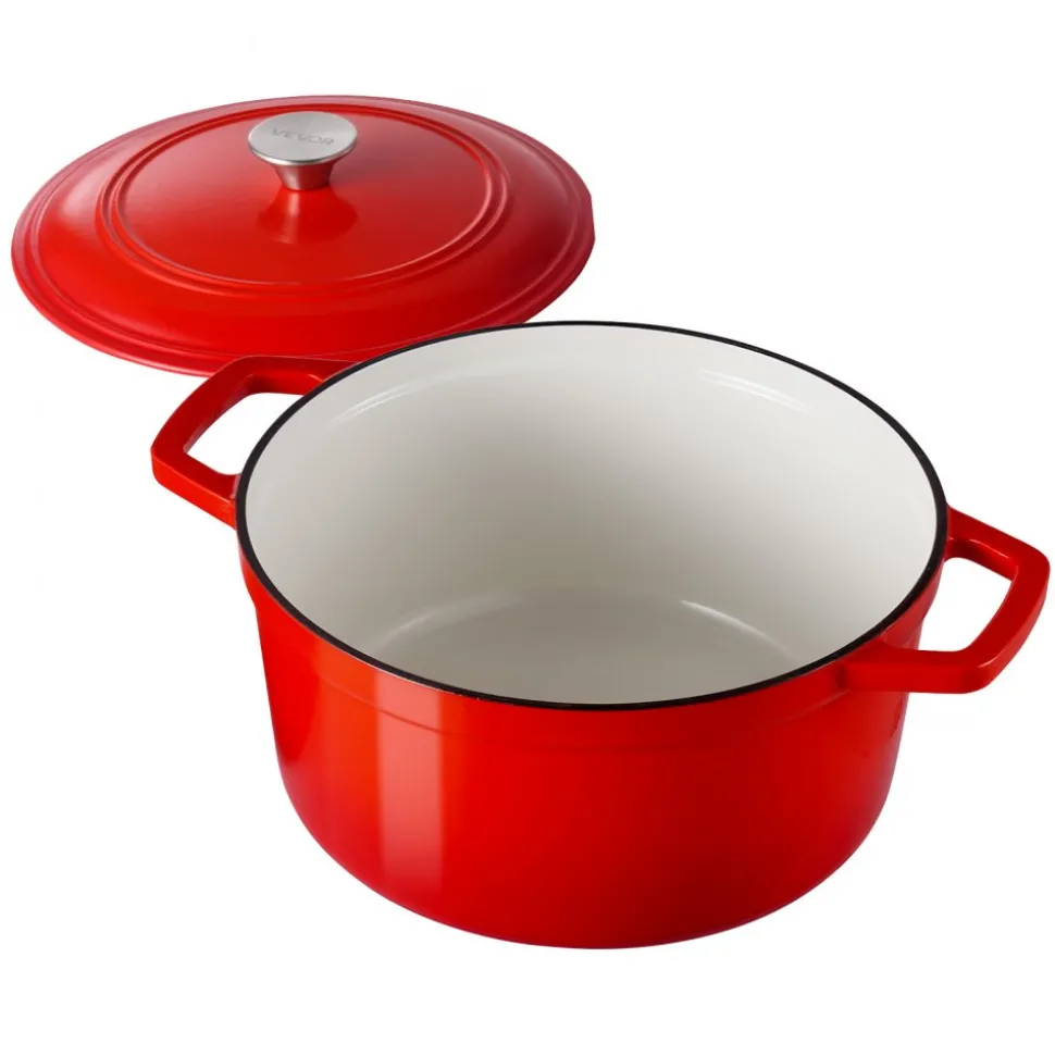 VEVOR Enameled Cast Iron Dutch Oven, 6 Quart Pot with Lid and Dual Handles, Heavy-Duty Durable Cookware Pan, Oven Induction Compatible up to 500℉, for Braising, Stews, Roasting, Bread Baking, Red