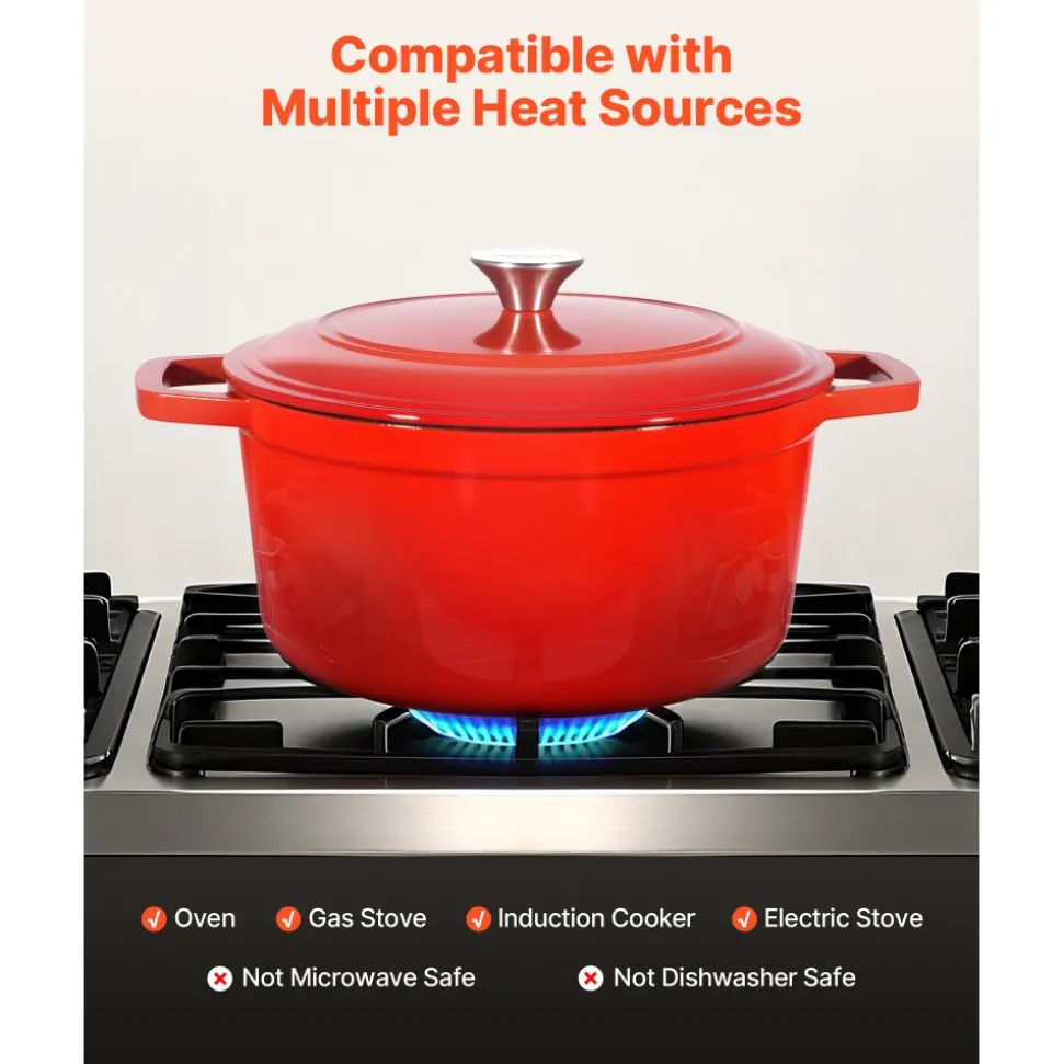 VEVOR Enameled Cast Iron Dutch Oven, 6 Quart Pot with Lid and Dual Handles, Heavy-Duty Durable Cookware Pan, Oven Induction Compatible up to 500℉, for Braising, Stews, Roasting, Bread Baking, Red