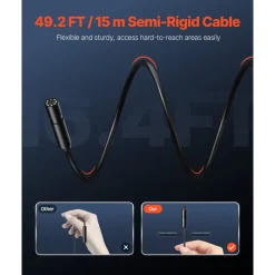 VEVOR Endoscope Camera with 49.2FT Semi-Rigid Cable, 1920P HD Borescope for Android & IOS, Industrial Inspection Camera with Light - 8 LED, 2X Zoom, IP67 Waterproof Snake Camera for Auto, Plumbing