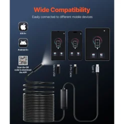 VEVOR Endoscope Camera with 49.2FT Semi-Rigid Cable, 1920P HD Borescope for Android & IOS, Industrial Inspection Camera with Light - 8 LED, 2X Zoom, IP67 Waterproof Snake Camera for Auto, Plumbing