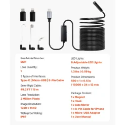 VEVOR Endoscope Camera with 49.2FT Semi-Rigid Cable, 1920P HD Borescope for Android & IOS, Industrial Inspection Camera with Light - 8 LED, 2X Zoom, IP67 Waterproof Snake Camera for Auto, Plumbing