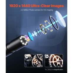 VEVOR Endoscope Camera with 49.2FT Semi-Rigid Cable, 1920P HD Borescope for Android & IOS, Industrial Inspection Camera with Light - 8 LED, 2X Zoom, IP67 Waterproof Snake Camera for Auto, Plumbing
