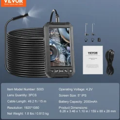 VEVOR Endoscope Camera with Light, Dual Lens Borescope with 49.2FT Semi-Rigid Cable, 4.3