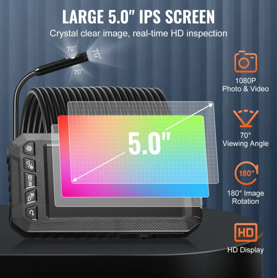 VEVOR Endoscope Camera with Light, Dual Lens Borescope with 49.2FT Semi-Rigid Cable, 4.3" Screen 1080P Inspection Camera, 8 + 1 LED Lights, 4X Zoom, IP67 Waterproof Snake Camera for Auto, Plumbing