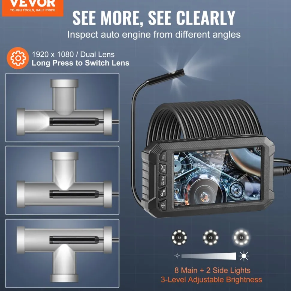 VEVOR Endoscope Camera with Light, Dual Lens Borescope with 49.2FT Semi-Rigid Cable, 4.3" Screen 1080P Inspection Camera, 8 + 1 LED Lights, 4X Zoom, IP67 Waterproof Snake Camera for Auto, Plumbing
