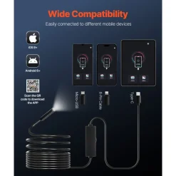 VEVOR Endoscope Camera with Light, 1920P HD Borescope for Android & IOS, 8 LED Lights Inspection Camera with 10FT Semi-Rigid Cable, 2X Zoom, IP67 Waterproof Snake Scope Camera for Auto, Plumbing