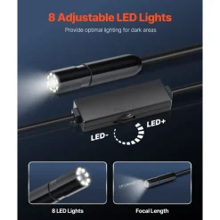 VEVOR Endoscope Camera with Light, 1920P HD Borescope for Android & IOS, 8 LED Lights Inspection Camera with 10FT Semi-Rigid Cable, 2X Zoom, IP67 Waterproof Snake Scope Camera for Auto, Plumbing