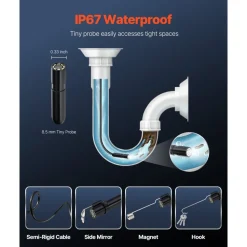 VEVOR Endoscope Camera with Light, 1920P HD Borescope for Android & IOS, 8 LED Lights Inspection Camera with 16.4FT Semi-Rigid Cable, 2X Zoom, IP67 Waterproof Snake Scope Camera for Auto, Plumbing