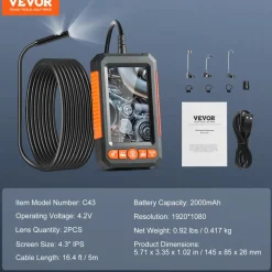 VEVOR Endoscope Camera with Light, Dual Lens Industrial Borescope, 4.3" Screen 1080P Inspection Camera, 8 + 1 Lights, 4X Zoom, IP67 Waterproof Snake Camera for Auto, Plumbing (16.4FT Cable, 32GB Card)