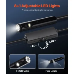 VEVOR Endoscope Camera with Light, Dual Lens Borescope for Android & IOS, 1920P HD Inspection Camera with 8 + 1 LED Lights, 2X Zoom, 10FT Snake Cable, IP67 Waterproof Snake Camera for Auto, Plumbing