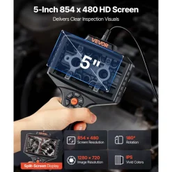 VEVOR Endoscope with Light, 360° View Coverage Industrial Borescope Inspection Camera with Rotating Probe, 1080P HD Rigid Snake Scope Cam for Wall Automotive Engine Inspect-16.4FT