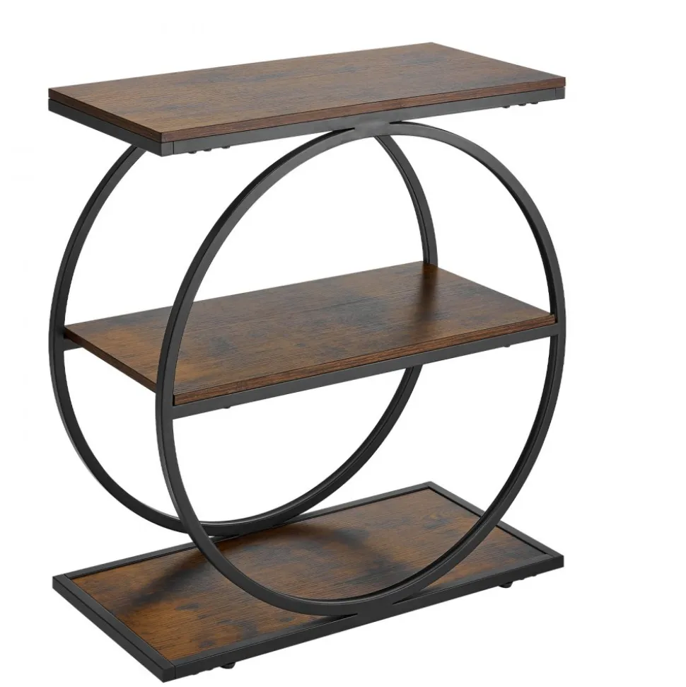 VEVOR End Table, 3-Tier Narrow Side Table with Open Storage Shelves, Modern Nightstand Bedside Desk with Round Metal Frame, Wood Sofa Coffee Desk for Living Room, Bedroom, Office, Rustic Brown