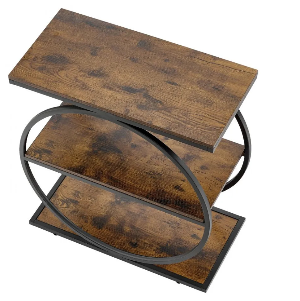 VEVOR End Table, 3-Tier Narrow Side Table with Open Storage Shelves, Modern Nightstand Bedside Desk with Round Metal Frame, Wood Sofa Coffee Desk for Living Room, Bedroom, Office, Rustic Brown
