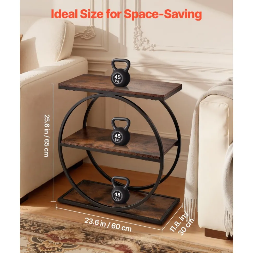 VEVOR End Table, 3-Tier Narrow Side Table with Open Storage Shelves, Modern Nightstand Bedside Desk with Round Metal Frame, Wood Sofa Coffee Desk for Living Room, Bedroom, Office, Rustic Brown