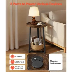 VEVOR End Table, 2-Tier Round Side Table with Open Storage Shelves, Modern Nightstand Bedside Desk with USB & AC Charging Port, Wood Sofa Coffee Desk for Living Room, Bedroom, Office, Dorm, Brown