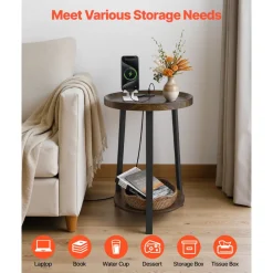 VEVOR End Table, 2-Tier Round Side Table with Open Storage Shelves, Modern Nightstand Bedside Desk with USB & AC Charging Port, Wood Sofa Coffee Desk for Living Room, Bedroom, Office, Dorm, Brown