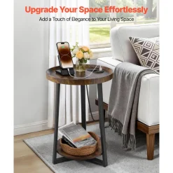 VEVOR End Table, 2-Tier Round Side Table with Open Storage Shelves, Modern Nightstand Bedside Desk with USB & AC Charging Port, Wood Sofa Coffee Desk for Living Room, Bedroom, Office, Dorm, Brown