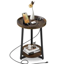 VEVOR End Table, 2-Tier Round Side Table with Open Storage Shelves, Modern Nightstand Bedside Desk with USB & AC Charging Port, Wood Sofa Coffee Desk for Living Room, Bedroom, Office, Dorm, Brown