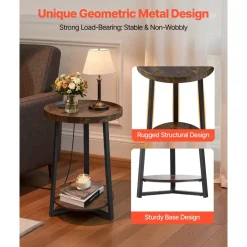 VEVOR End Table, 2-Tier Round Side Table with Open Storage Shelves, Modern Nightstand Bedside Desk with USB & AC Charging Port, Wood Sofa Coffee Desk for Living Room, Bedroom, Office, Dorm, Brown