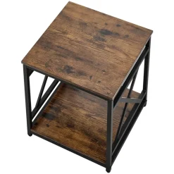 VEVOR End Table, 2-Tier Square Side Table with Open Storage Shelves, Modern Nightstand Bedside Desk with X-Design Metal Frame, Wood Sofa Coffee Desk for Living Room, Bedroom, Office, Dorm, Brown
