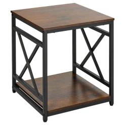 VEVOR End Table, 2-Tier Square Side Table with Open Storage Shelves, Modern Nightstand Bedside Desk with X-Design Metal Frame, Wood Sofa Coffee Desk for Living Room, Bedroom, Office, Dorm, Brown
