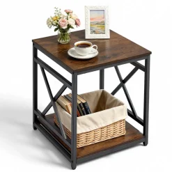 VEVOR End Table, 2-Tier Square Side Table with Open Storage Shelves, Modern Nightstand Bedside Desk with X-Design Metal Frame, Wood Sofa Coffee Desk for Living Room, Bedroom, Office, Dorm, Brown