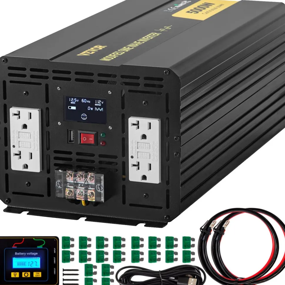 VEVOR Energy Converter, 5000W Modified Wave Transformer, 12V DC to 110V AC Vehicle Adapter, featuring LCD Screen, Remote Control, LED Light, and GFCI Sockets for RVs, Trucks, Boats, and Outdoor Adv