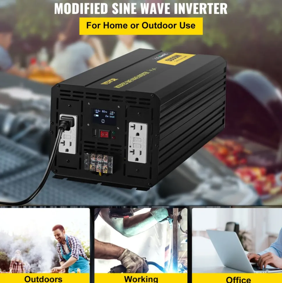 VEVOR Energy Converter, 5000W Modified Wave Transformer, 12V DC to 110V AC Vehicle Adapter, featuring LCD Screen, Remote Control, LED Light, and GFCI Sockets for RVs, Trucks, Boats, and Outdoor Adv