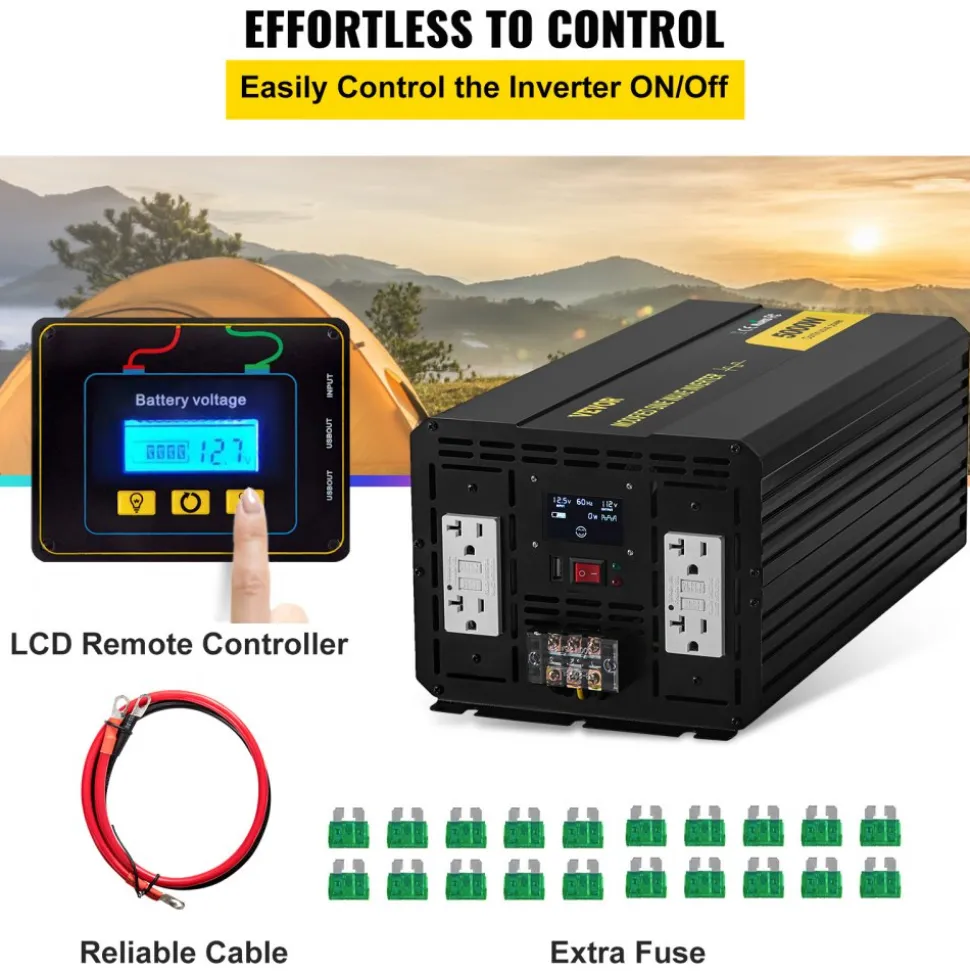 VEVOR Energy Converter, 5000W Modified Wave Transformer, 12V DC to 110V AC Vehicle Adapter, featuring LCD Screen, Remote Control, LED Light, and GFCI Sockets for RVs, Trucks, Boats, and Outdoor Adv
