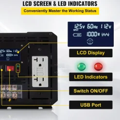 VEVOR Energy Converter, 5000W Modified Wave Transformer, 12V DC to 110V AC Vehicle Adapter, featuring LCD Screen, Remote Control, LED Light, and GFCI Sockets for RVs, Trucks, Boats, and Outdoor Adv