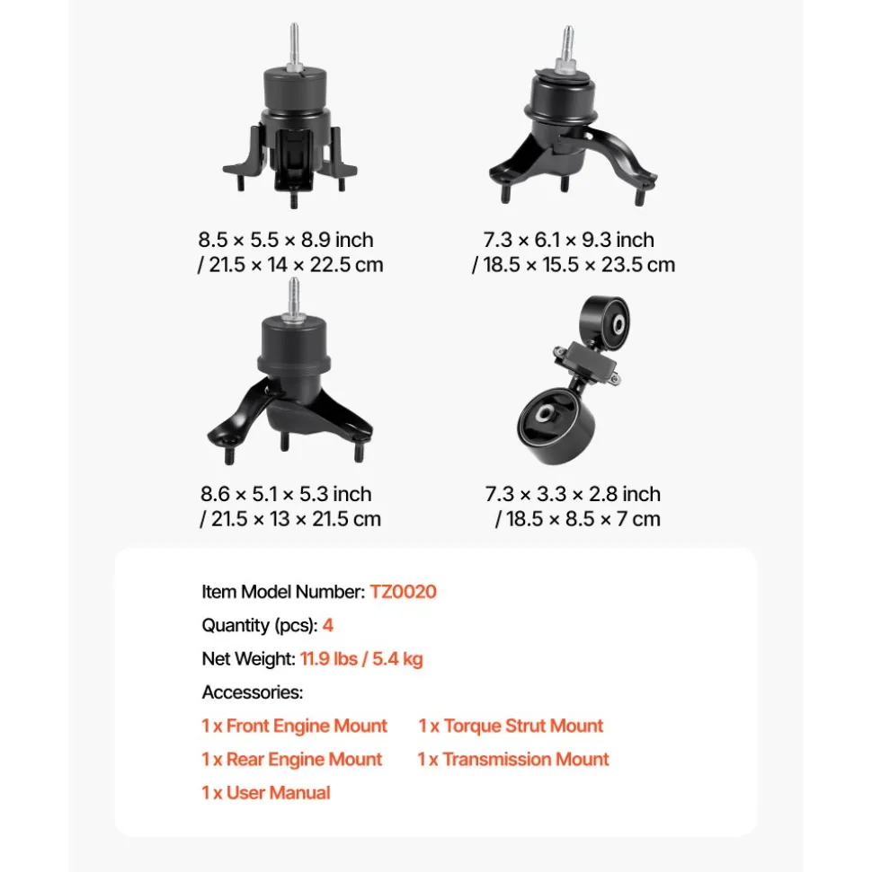 VEVOR Engine and Transmission Motor Mount Kit Replacement, Set of 4, Compatible with 2007–2011 Toyota Camry 2.4L L4, Replace OE# A62009, A4207, A4211, A4274, Secure Support