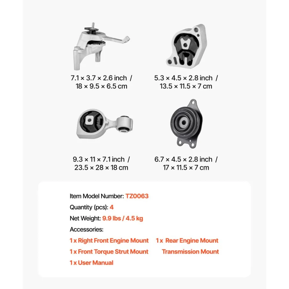 VEVOR Engine and Transmission Motor Mount Kit Replacement, Set of 4, Compatible with 2003–2008 Toyota Corolla 1.8L L4, Replace OE# A4220, A4219, A4218, A4221, Secure Support