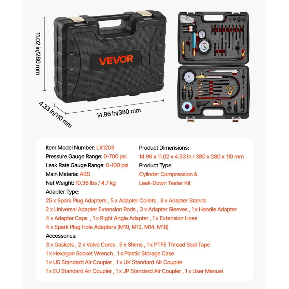 VEVOR Engine Cylinder Compression Tester Kit, 0-700 PSI Pressure Gauge & 0-100 PSI Leak Gauge, Automotive Leak Down Tester Kit with 4 Adapters, Pressure Check & Leakage Rate Test on Cars, Motorcycles