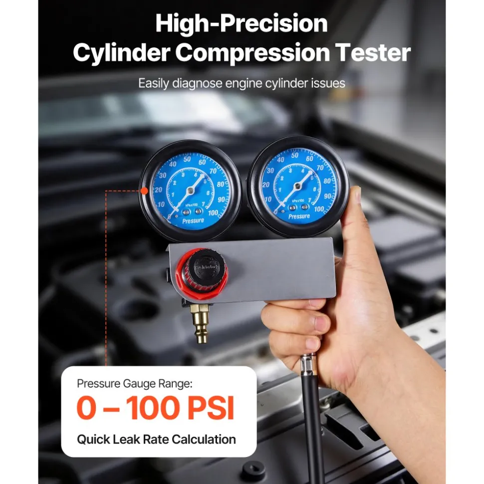 VEVOR Engine Cylinder Compression Tester Kit, Pressure Gauge Range of 0-100 PSI, Automotive Leak Down Tester Kit with 4 Adapters & Air Fittings, Pressure Check & Leakage Rate Test on Cars, Motorcycles