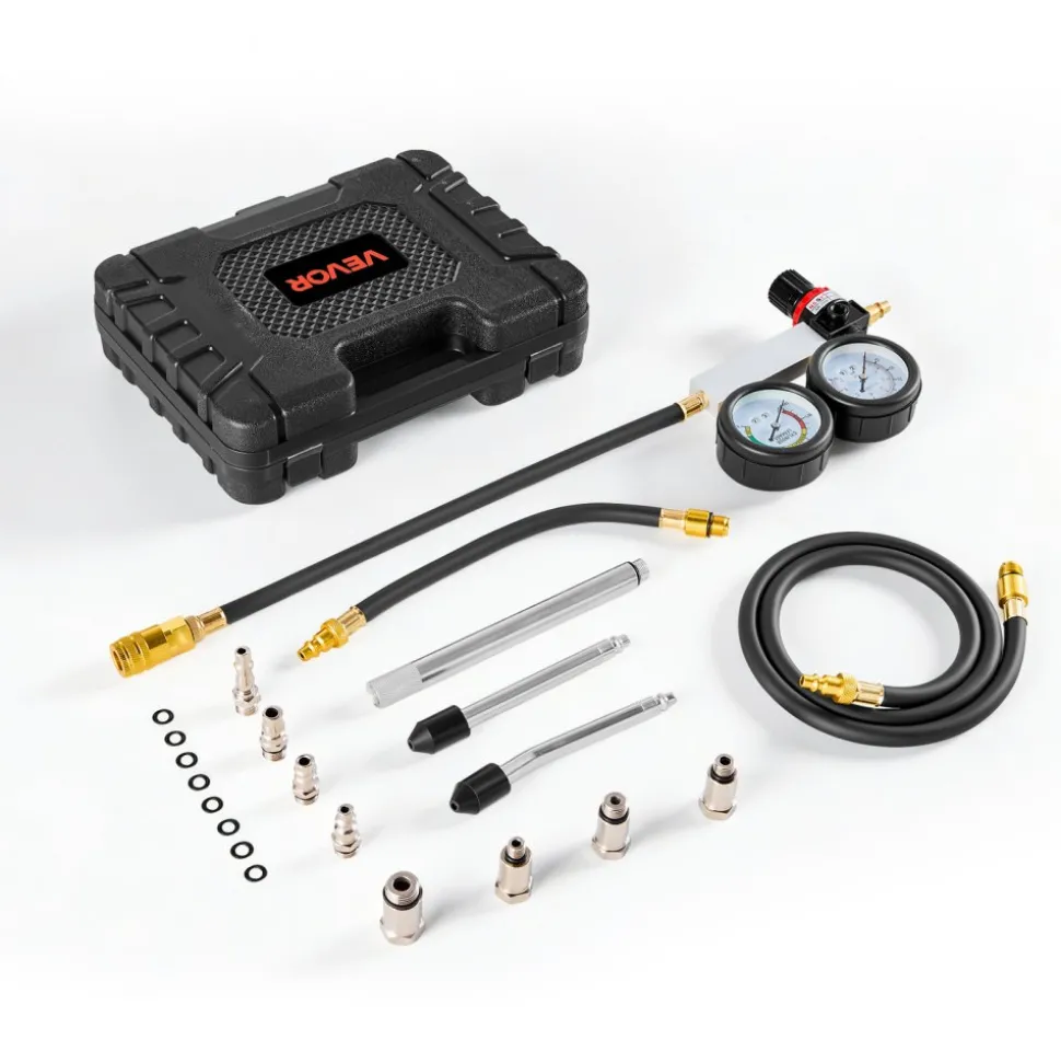 VEVOR Engine Cylinder Compression Tester Kit, Pressure Gauge Range of 0-100 PSI, Automotive Leak Down Tester Kit with 4 Adapters, 2 Metal Tubes, Pressure Check & Leakage Rate Test on Cars, Motorcycles