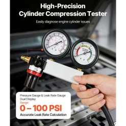 VEVOR Engine Cylinder Compression Tester Kit, Pressure Gauge Range of 0-100 PSI, Automotive Leak Down Tester Kit with 4 Adapters, 2 Metal Tubes, Pressure Check & Leakage Rate Test on Cars, Motorcycles