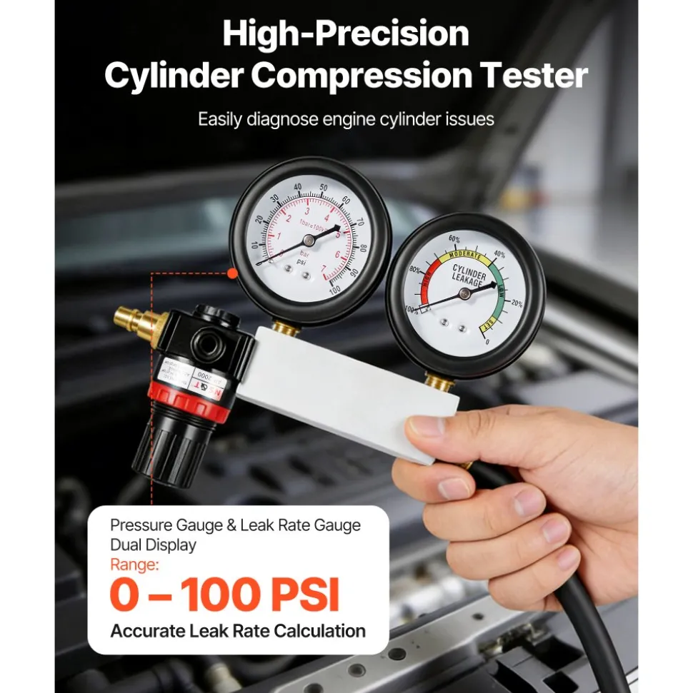 VEVOR Engine Cylinder Compression Tester Kit, Pressure Gauge Range of 0-100 PSI, Automotive Leak Down Tester Kit with 4 Adapters, 2 Metal Tubes, Pressure Check & Leakage Rate Test on Cars, Motorcycles
