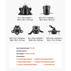 VEVOR Engine Motor Mount and Transmission Mount Kit Replacement, Set of 5, Compatible with 2008-2012 Honda Accord 2.4L L4 and 2009-2013 Acura TSX 2.4L, Replace OE# A4565 A4572 A4570 A4584 A4561