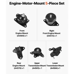 VEVOR Engine Motor Mount and Transmission Mount Kit Replacement, Set of 5, Compatible with 2008-2012 Honda Accord 2.4L L4 and 2009-2013 Acura TSX 2.4L, Replace OE# A4565 A4572 A4570 A4584 A4561