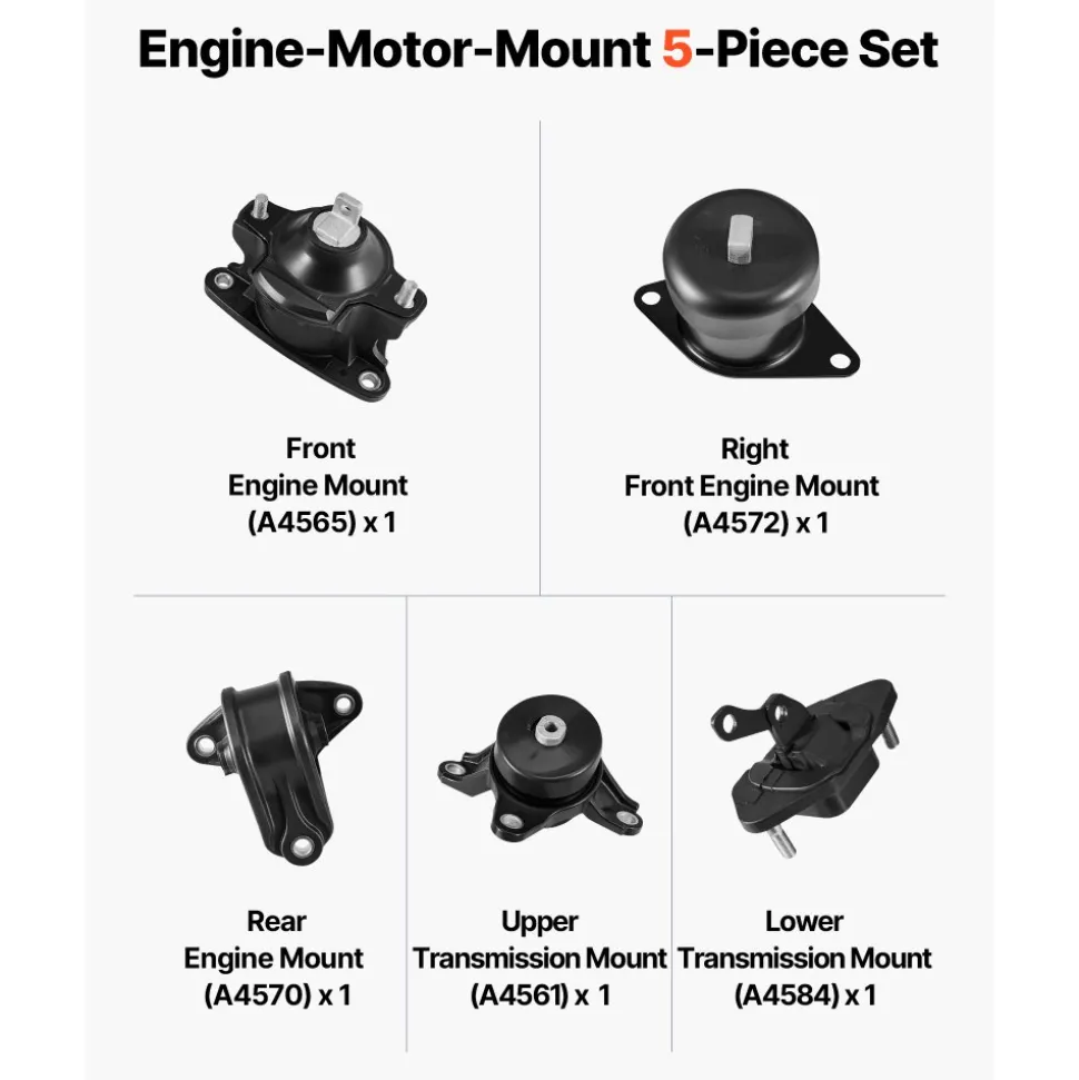 VEVOR Engine Motor Mount and Transmission Mount Kit Replacement, Set of 5, Compatible with 2008-2012 Honda Accord 2.4L L4 and 2009-2013 Acura TSX 2.4L, Replace OE# A4565 A4572 A4570 A4584 A4561