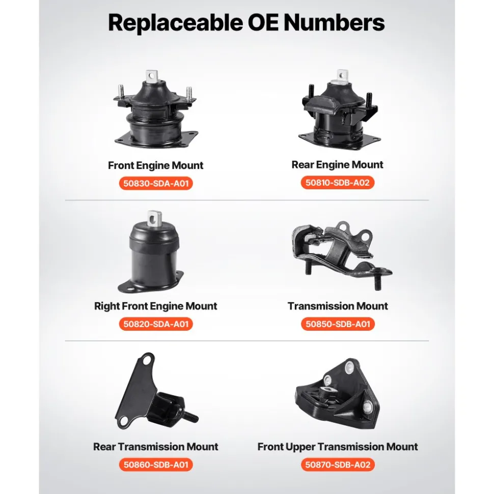 VEVOR Engine Motor Mount and Transmission Mount Kit Replacement, Set of 6, Compatible with 2003–2007 Honda Accord 3.0L V6, Replace OE# A4526HY, A4517, A4527HY, A4524, A4544, A4525, Secure Support