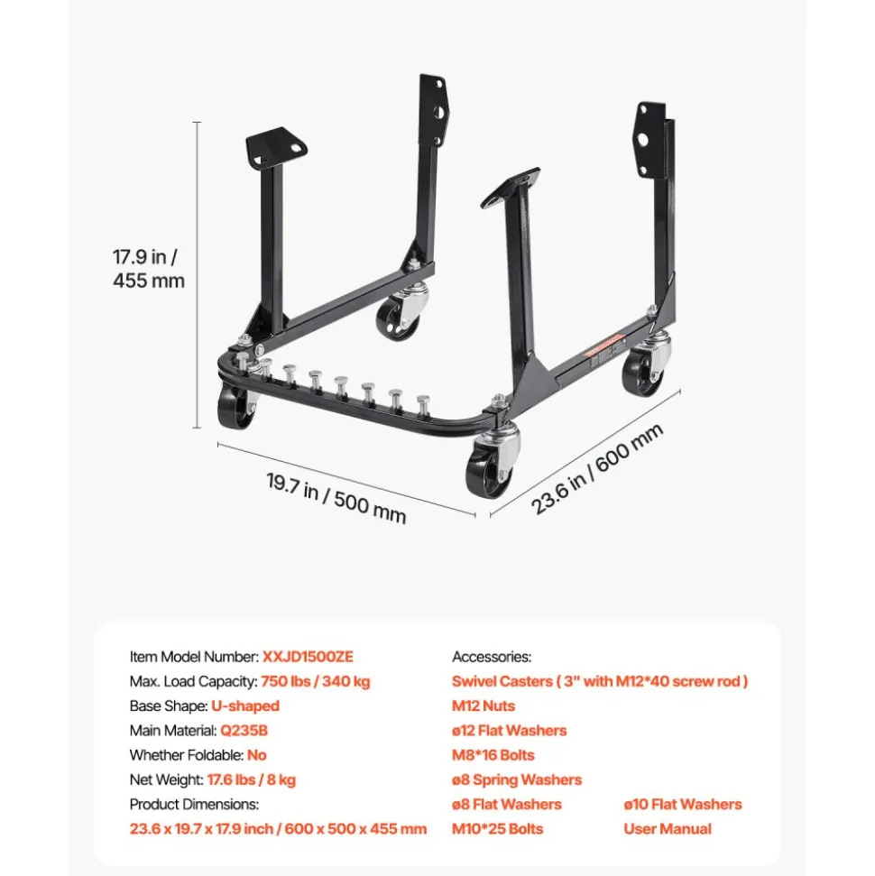 VEVOR Engine Stand, 750 LBS Load Capacity Engine Motor Stand, Heavy-Duty Steel Motor Holder with 4 Swivel Casters and 4 Hook Positions, Suitable for BB-CHEVY and GEN-1 SB-CHEVY Engines
