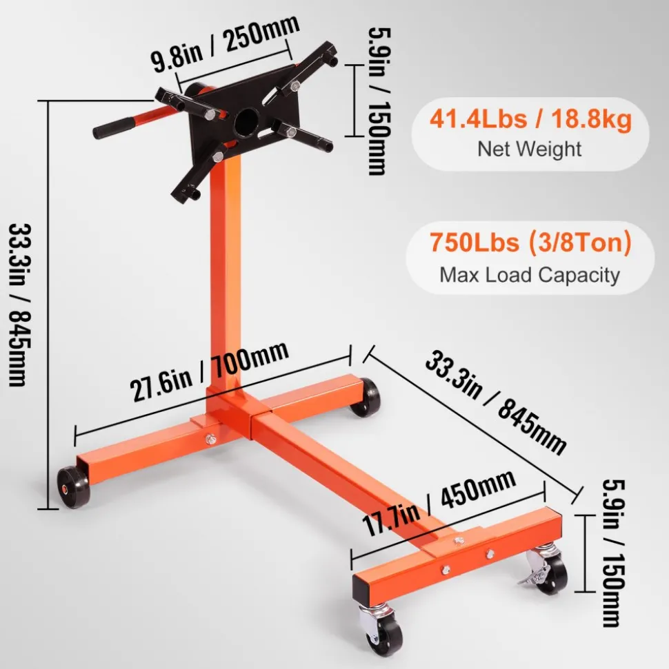 VEVOR Engine Stand, 750 lbs (3/8 Ton) Rotating Engine Motor Stand with 360 Degree Adjustable Head, Cast Iron Motor Hoist Dolly, 4-Caster, 4 Adjustable Arms, for Vehicle Maintenance, Auto Repair