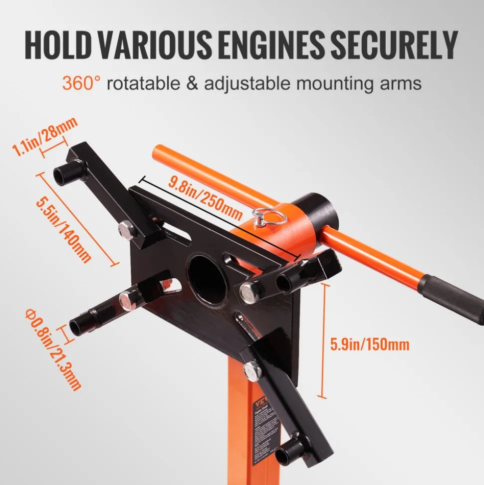 VEVOR Engine Stand, 750 lbs (3/8 Ton) Rotating Engine Motor Stand with 360 Degree Adjustable Head, Cast Iron Motor Hoist Dolly, 4-Caster, 4 Adjustable Arms, for Vehicle Maintenance, Auto Repair