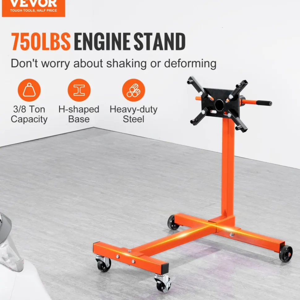 VEVOR Engine Stand, 750 lbs (3/8 Ton) Rotating Engine Motor Stand with 360 Degree Adjustable Head, Cast Iron Motor Hoist Dolly, 4-Caster, 4 Adjustable Arms, for Vehicle Maintenance, Auto Repair