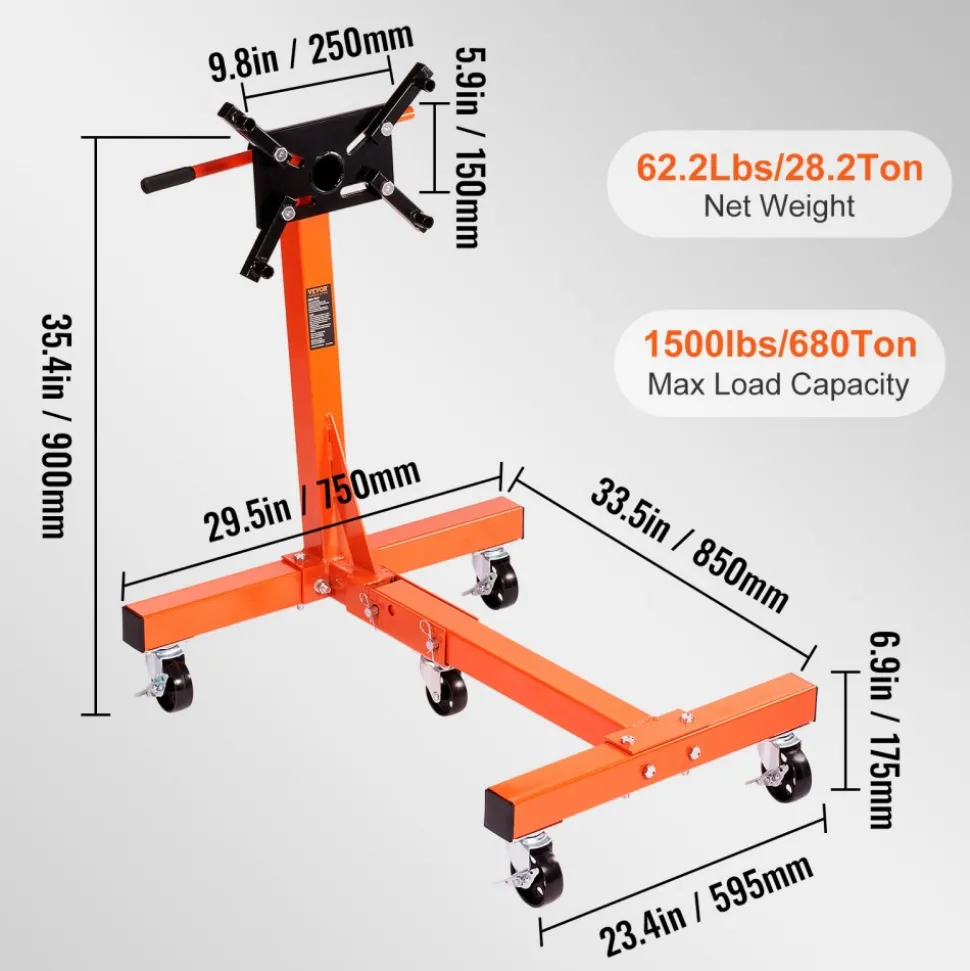 VEVOR Engine Stand, 1500 lbs (3/4 Ton) Rotating Engine Motor Stand with 360 Degree Adjustable Head, Cast Iron Folding Motor Hoist Dolly, 5-Caster, 4 Adjustable Arms, for Vehicle Maintenance
