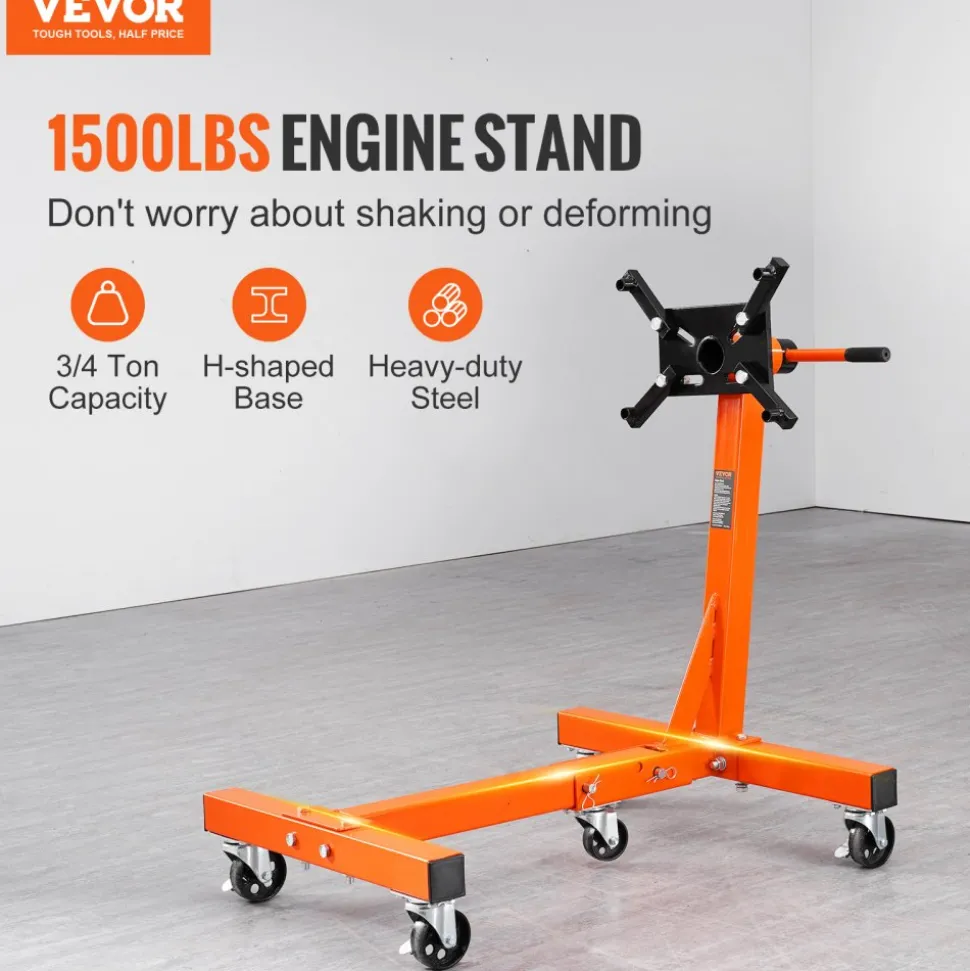 VEVOR Engine Stand, 1500 lbs (3/4 Ton) Rotating Engine Motor Stand with 360 Degree Adjustable Head, Cast Iron Folding Motor Hoist Dolly, 5-Caster, 4 Adjustable Arms, for Vehicle Maintenance
