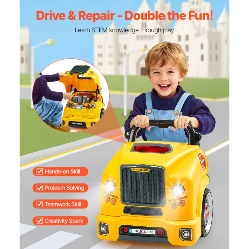 VEVOR Engine Toy, 60 Pieces, Kids Mechanic Car Repair Set with Removable Parts, Lights and Sounds, Steering Wheel and Horn, Kids Mechanic Workshop Set for Toddler Ages 3 Years and Up, Yellow